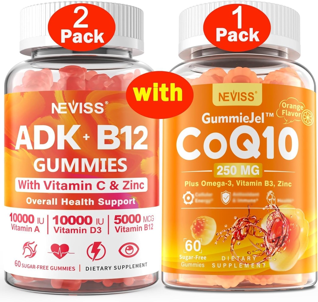 NEVISS 2Pack 维生素ADK 配有 B12 古米+ 1Pack CoQ10-250mg 填充古米
