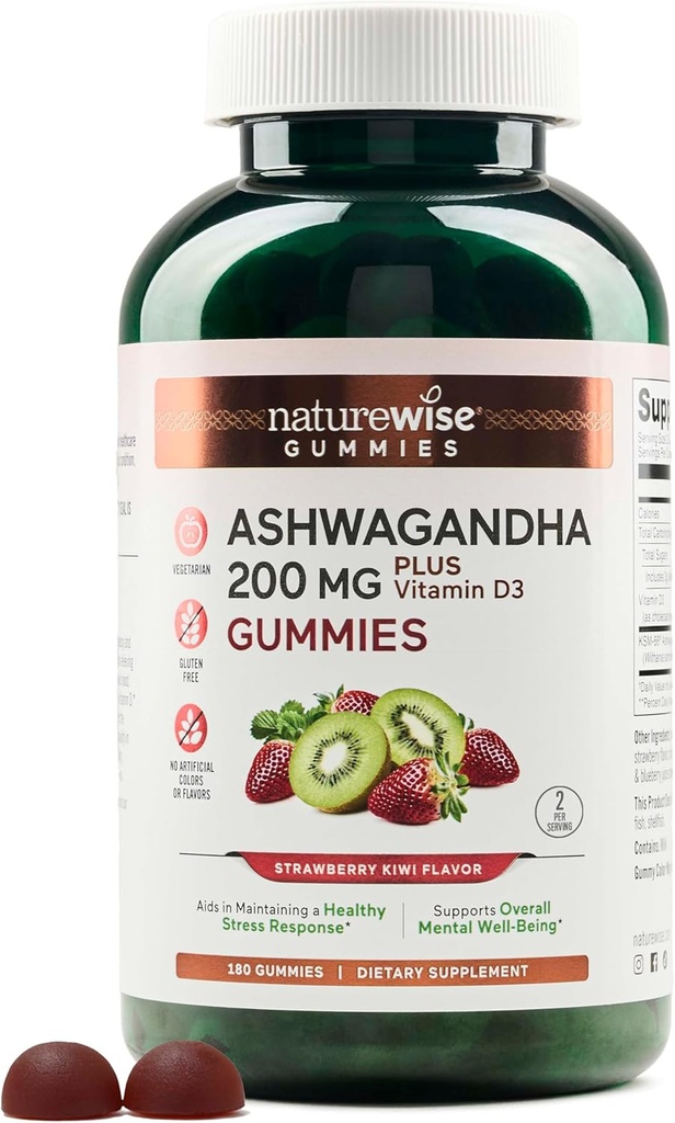 NatureWise Ashwagandha Gummys - 草莓 Kiwi - KSM-66 配有维生素D3 - 镇定Mood支持 - 蔬菜 - 非GMO, Gelatin和Gluten Free - 180 Count [3-Month Supplement] (英语).