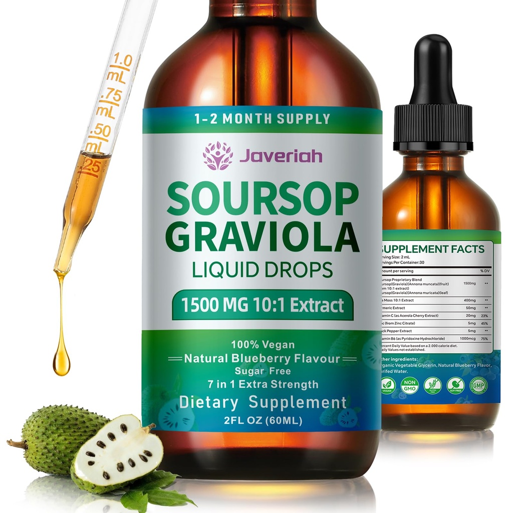 Soursop Graviola液滴补充剂,配有Sea Moss提取剂、Soursop Bitters 液滴用于细胞支持和再生、豁免、活体、抗氧化剂、Graviola叶片提取剂