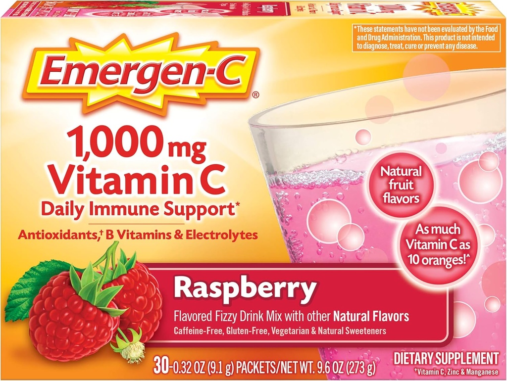 Emergen-C(30 Counter,Raspberry Flavor,1个月供应) 膳食 配有1000mg维生素C,0.32 Ounce Packets,咖啡因免费