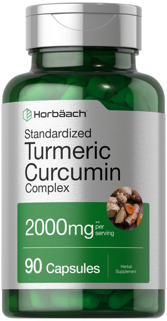 Horbäach Turmeric Curcumin Supplement 2000 mg | 90 Capsules | 配黑辣椒的复合体 | Non-GMO, Gluten Free