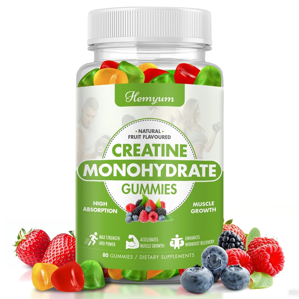 Creatine Monohydrate Gummys - 5g Creatine for Men Men, 增强肌肉强度,促进焦点和耐力,肌肉构建器,L-陶林+维生素B12,维根,Gluten-Free 80 Counter