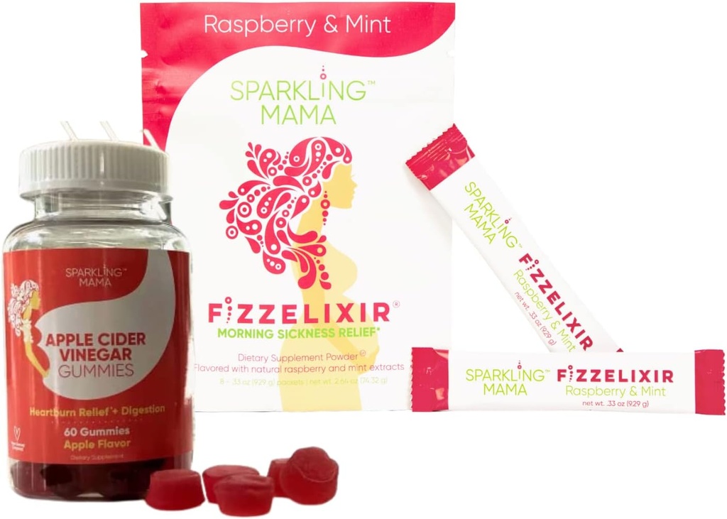Sparkling Mama's Morning's Disease Relief ~ Raspberry Mint, 8 Counter and Apple 苹果苹果葡萄酒 Ginegar Gummys ~ 美味苹果 Flavor, 60 Gummys
