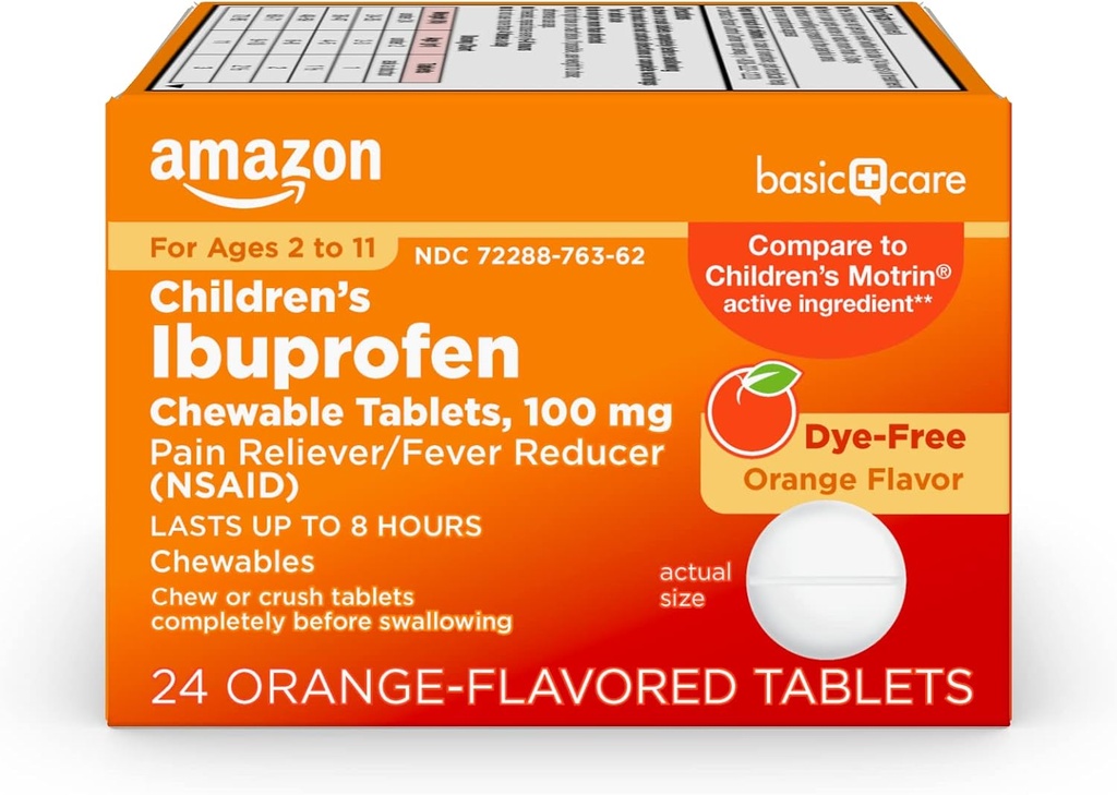 基本护理儿童Ibuprofen Chewwable药片、疼痛救生剂和减少发烧剂、橙色火焰、年龄2-11、持续8小时、100毫克、24个计数