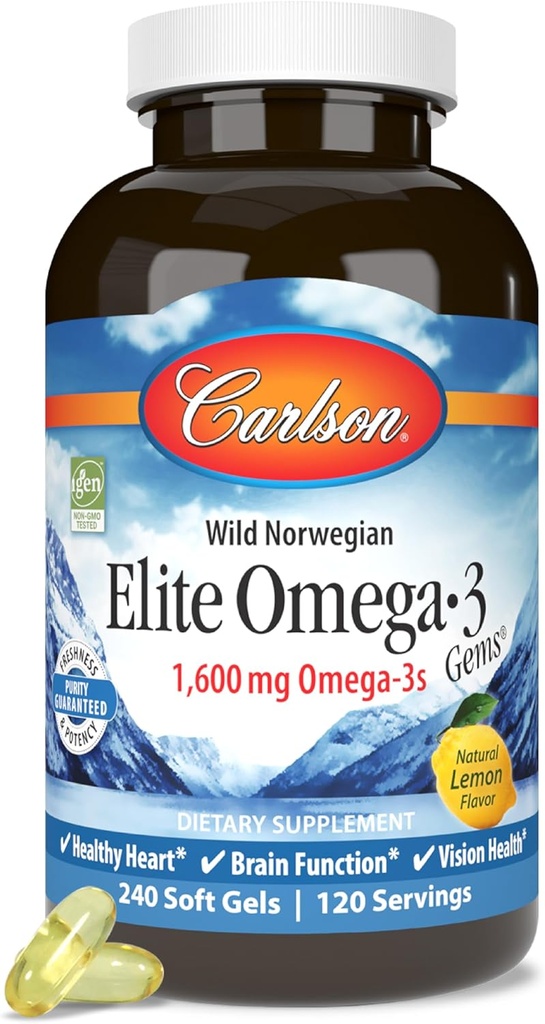 Carlson Elite Omega 3 宝石, 1600mg, 柠檬火焰, 240 软胶