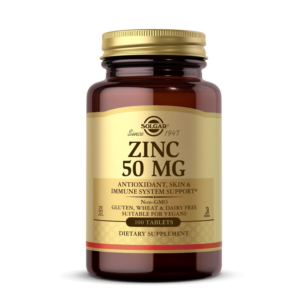 Solgar Zinc 50 mg, 100 片 - 健康皮肤的锌, 味道和视觉 - 免疫系统和抗氧化剂支持 - 支持细胞生长和DNA形成 - 非转基因生物, Vegan, Gluten Free - 100 服务