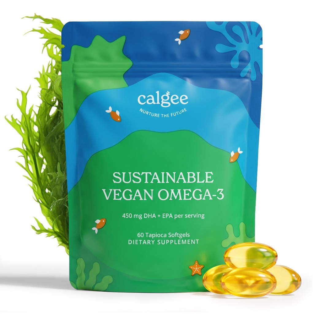 Calgee Vegan Omega 3-450mg DHA & EPA 脂肪酸 - 可持续藻类油 - 植物鱼油替代品 - Carrageenan-无软胶(60Ct)