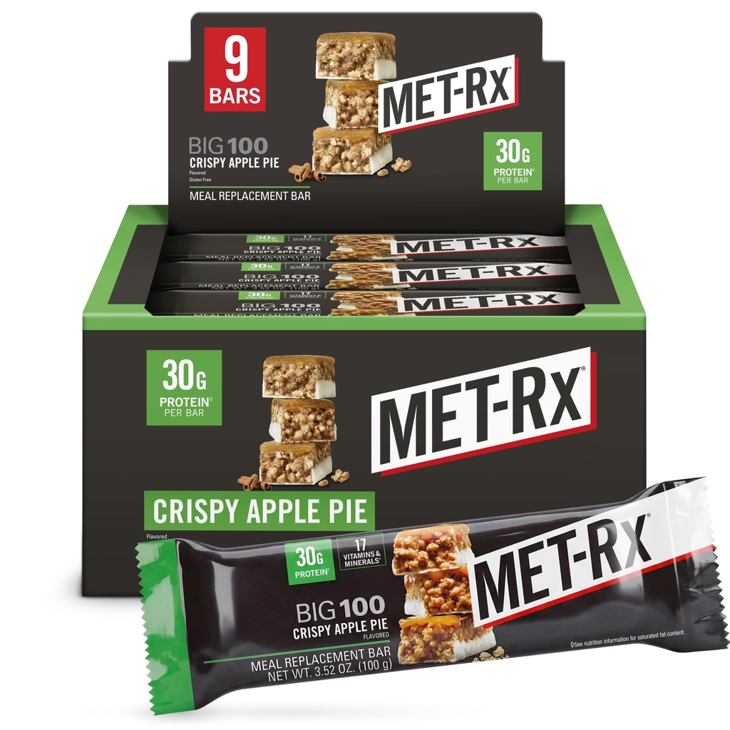 MET-Rx大100 Crossal 蛋白棒, Crispy Apple Pie Meal 替换棒, 9 计数