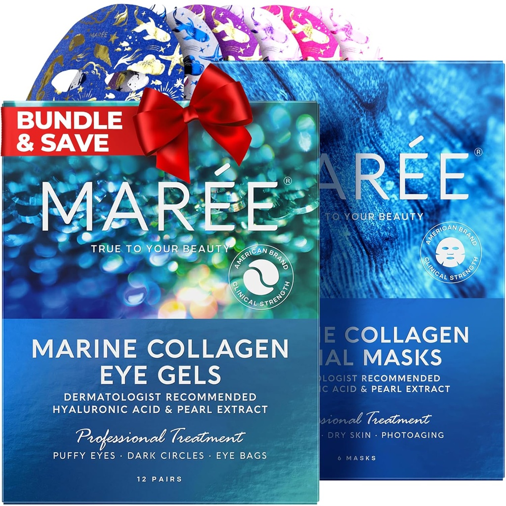 MAREE Eye Gels & Facial Masks Bundle - 普菲眼和暗圆眼的Eye Gels 下部,薄膜摩擦表 - Marine Collagen & Hyaluronic Acid, Green & Red Algae 提取 - 适用于所有皮肤类型