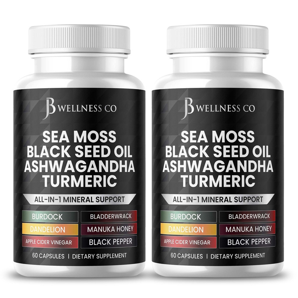海摩斯黑种子油 Ashwagandha Turmeric Bladderwrack Burdock - 与马努卡,蜂蜜丹德利翁,ACV 黑辣椒 Gluten Free - 120 计数