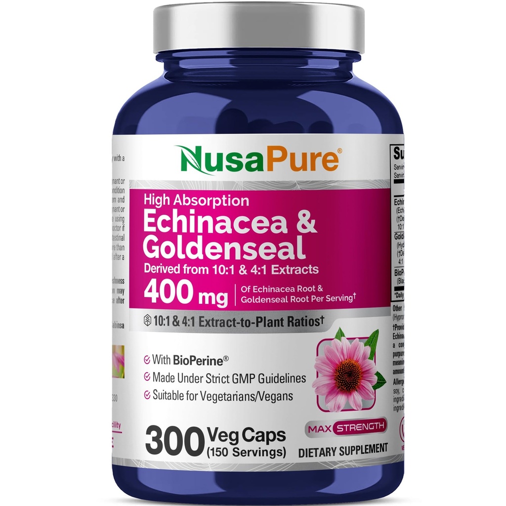 NusaPure Echinacea Goldenseal 200mg, (例10:1, 等效于2,000mg), 200mg, (例4:1, 等效于800mg) - 2800mg 300 Vegie Caps (Vegetarian, Non-GMO, Vegan)
