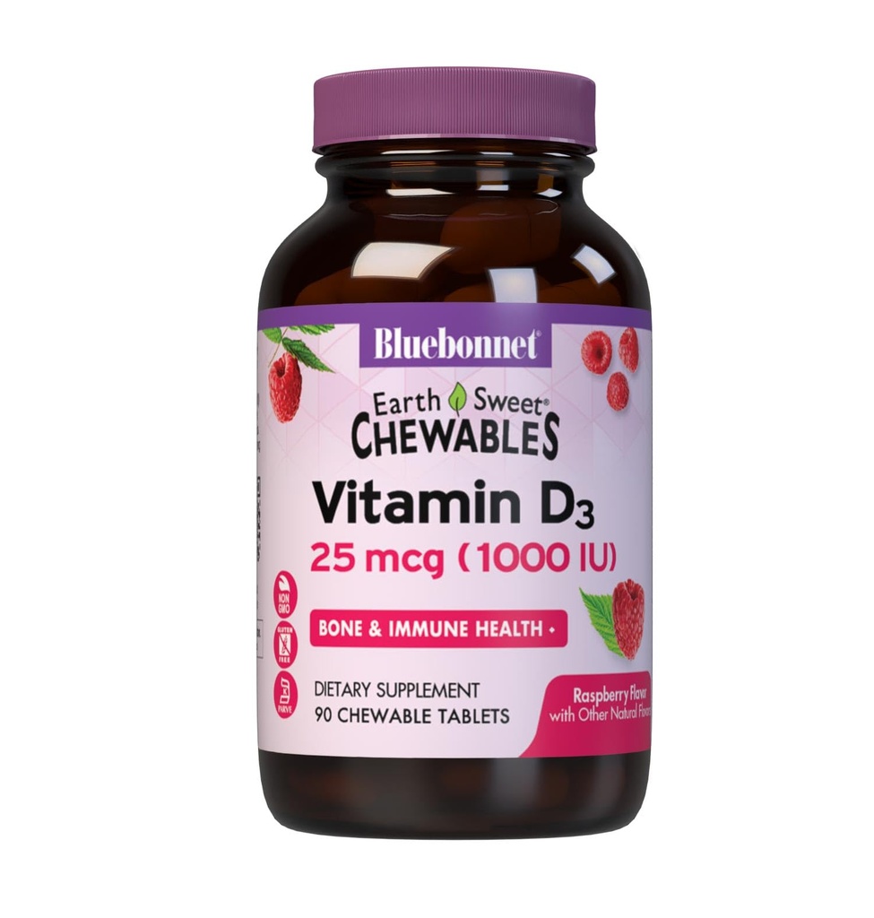 Bluebonnet 营养 甜食 维生素 D3 1000IU - Bone & Immune Support – Raspberry Chewable Vitamin D Suppose for Women & Men - Soy - 无糖,非GMO - 90片