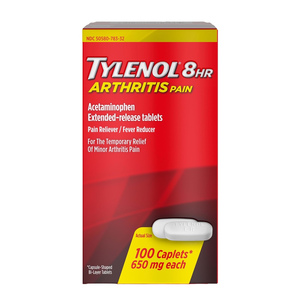 Tylenol 8HR 关节炎止痛卡片,小关节炎和联合疼痛的650毫克乙酰胺酚,减少发烧剂,扩大释放,胃部温和,100厘米