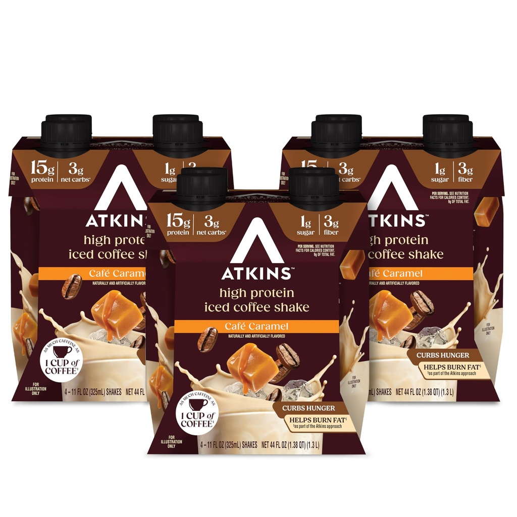 Atkins Café Caramel Iced Coffee Flavored 蛋白质摇摆 高蛋白摇摆 低甘油 低卡布和低糖 Keto Friend, Gluten Free, 12 Counter