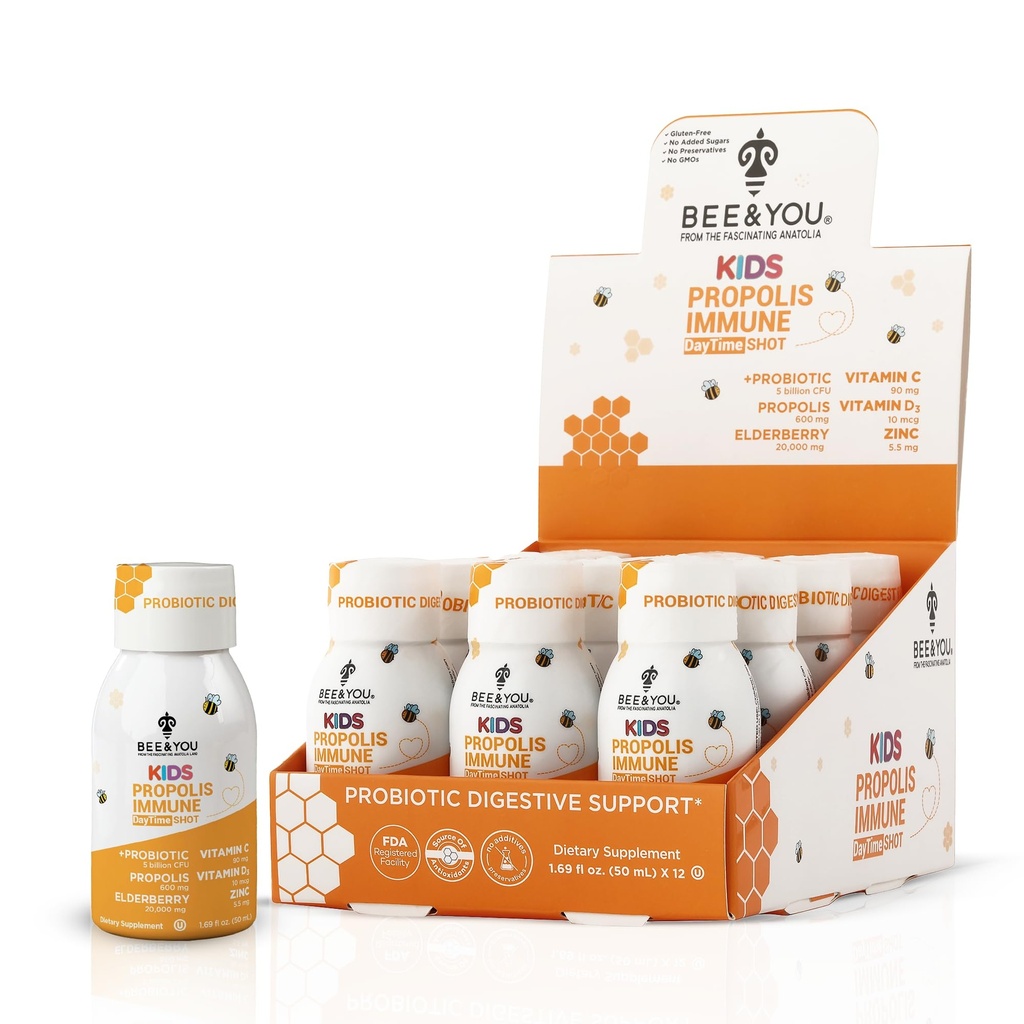 Bee and You Kids Propolis Immune Day Time Shot - Probiotic,维生素C,维生素D3,锌,免疫支持,Gut Health,消化健康,1.69 Fl.oz,12 Pack