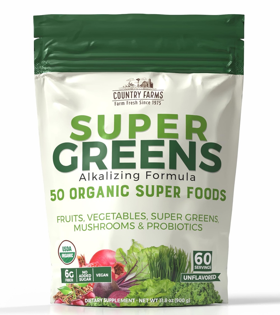 Country Farms Super Greens Natural Flavor, 50 Organic Super Foods, USDA Organic Drink Mix, Fruits, Vegetables, Super Greens, with Fiber, Mushrooms & Probiotics, Supports Energy, 60 Servings, 900g