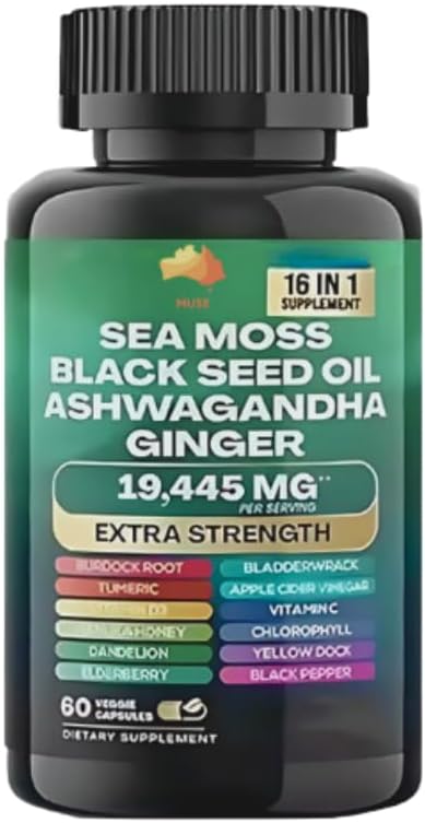 Muse Sea Moss, 黑种子油, Ashwagandha, Ginger, Shilajit, 长老莓, 氯phy, Turmeric, Bladderwrack, 高级壮士, 19,445mg, 全英-1 Bundle, 60 Counter, Made in USA
