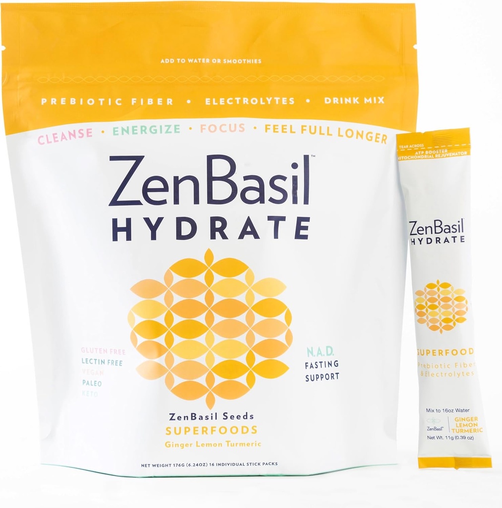 Zen Basil Hydrate - 姜柠檬 Turmeric - QQ 电解液 Hydroption Powder Packets - 快速支持 QQ 无糖,Keto,Paleo QQ 16棒 - 手机水分