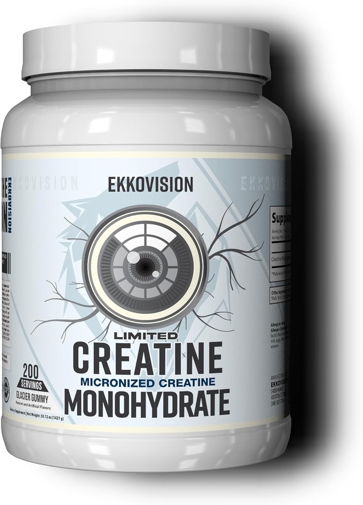 Ekkovision Creatine 单水合物粉末、微缩、冰川古米、男女工作前和工作后补充、能源支持、易混合在摇摆、平滑和饮料中、200种服务