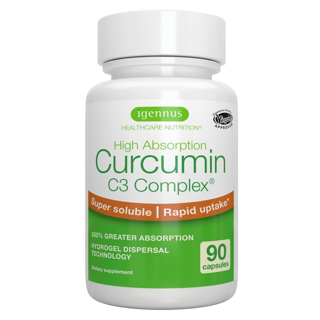 Igennus 高级 Crucumin C3 综合体, 300% 大吸附和快速吸附, 95% 标准化提取, 90 服务, 清洁标签, Vegan 补充, 1-a-day, 90 Capsules