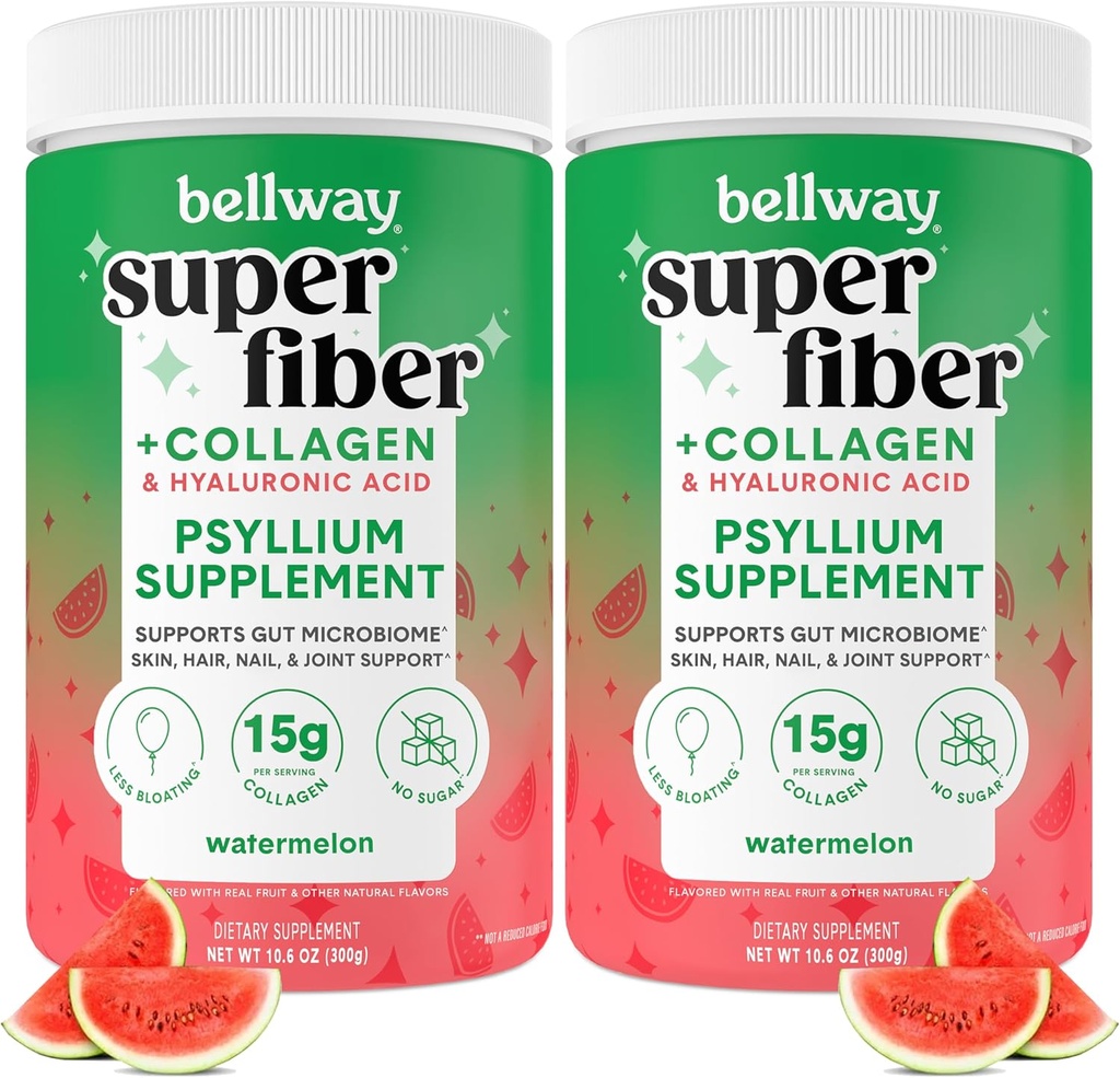 贝尔威超级纤维粉末+Collagen(2Pack),无糖yl壳粉末加Collagen Peptides和Hyaluronic Acid用于古特健康,健康皮肤,钉子,骨头和关节,西瓜(21.2 oz)