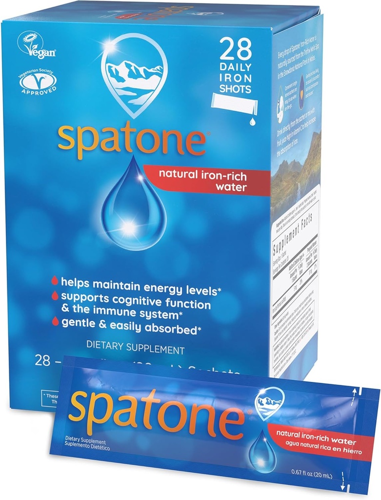 Spatone天然液态铁 女性 - 男性和孩子年龄 4岁+ - 妊娠期理想 - 容易吸收和温柔 - Vegan - 蔬菜 - 原始 Flavor - 28天 - 5mg 铁 20mL Sachet