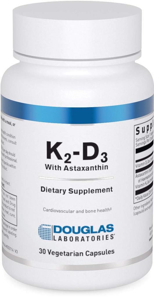 道格拉斯实验室 K2-D3 配有 Astaxanthin - 抗氧化剂支持骨骼,免疫功能和血管健康* - 配有 Menaquinone-7 & D 维生素 - 30 蔬菜卡普苏尔