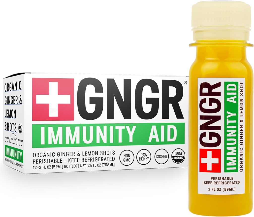 +GNGR 豁免援助 有机姜、柠檬和蜂蜜射击 - 用Echinacea、柠檬汁、蜂蜜、锌和维生素D3、Imune和消化支持 2 fl oz (12页)