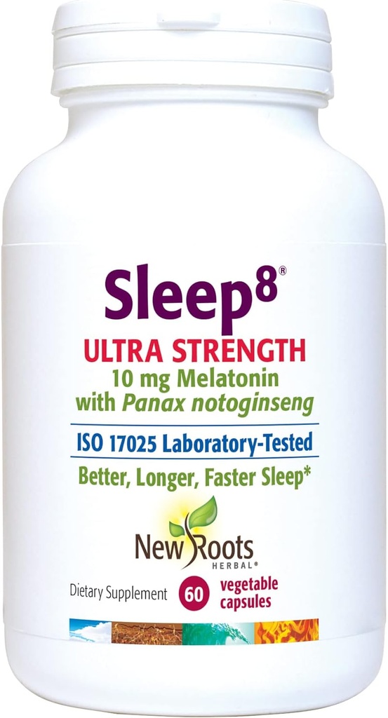 新ROOTS HERBAL自然睡眠补充品,8-in-1 带有Passion Flower, Chamomile, Hops, Panax Gingseng, Skullcap, Magnesium, 10 mg Melatonin(60 Veg Caps)的超斯特伦公式