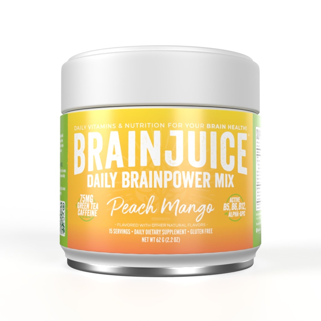 BrainJuice Nootropics Brain Supports, Gluten Free Power for Energy and Focus, 喝与L Theanine, Alpha GPC, Vitamin B, 有机绿色茶叶提取咖啡因, 桃芒果, 15 services