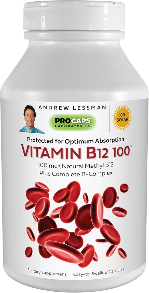Andrew Lessman 维生素B12 100 360 Capsules - 吸收-保护的甲基Cobalamin(天然复合维生素B12),能量和应激支持的基本条件,+ B-复合,容易吞咽 Capsules