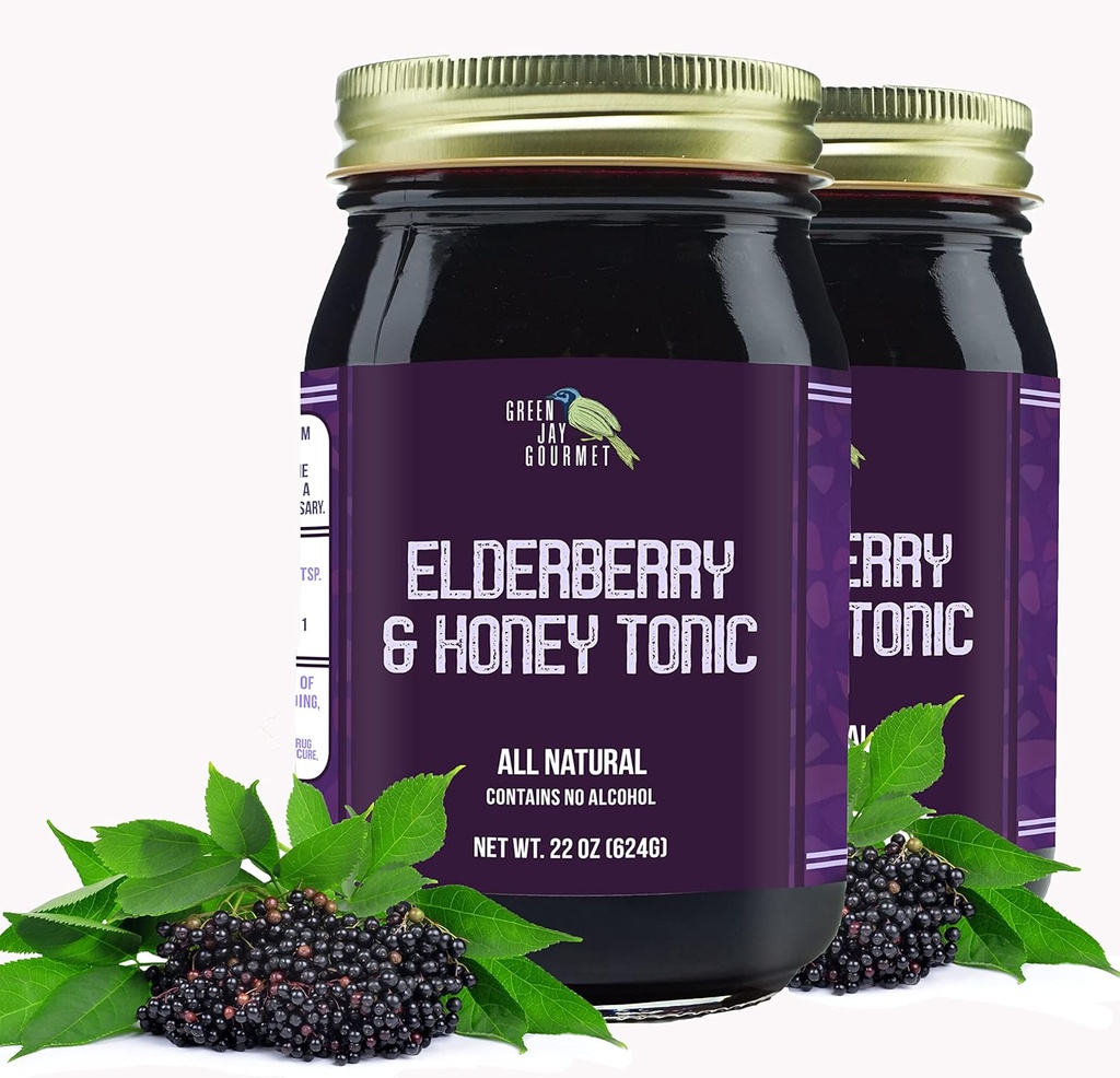 Green Jay Gourmet 长老莓Tonic – All Natural Elderberry Syrup – Elderberry Immune 支持儿童与成年人 – 强大的长老莓 & Honey Blend – Sambucus 长老莓 Syrup – 2 x 22 Ounces