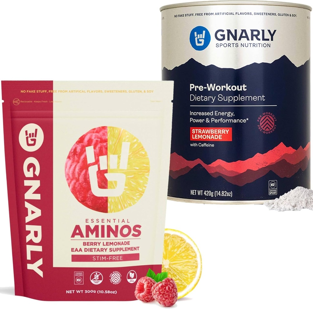 Gnarly营养 Gnarly Preworkout 草莓柠檬水(14.82oz) 氨基Berry柠檬水免费(10.58oz)
