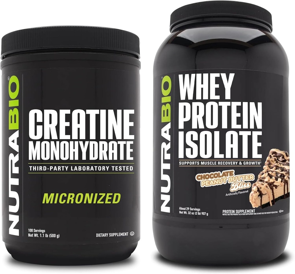 单水合核酸(NutraBio Creatine Monohydrate),无味,500g和Whey蛋白溶液,巧克力花生酱,补充包-肌肉能源,Lean肌肉生长,恢复和强力