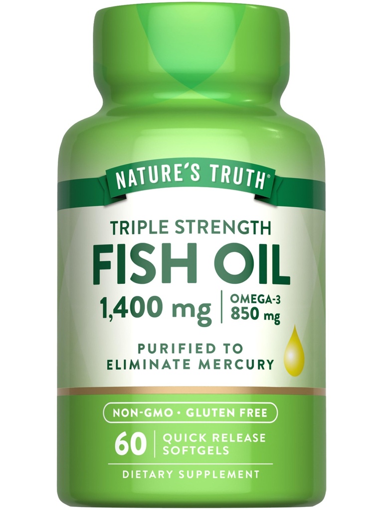 自然三重力量鱼油 1400 mg → 850 mg Omega-3 → 60 Softgels → Non-GMO & Gluten Free