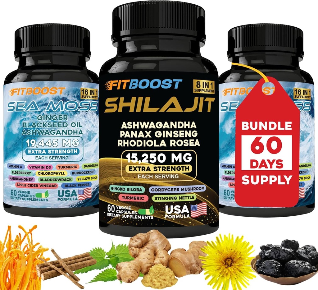 60日 供应海 Moss和Shilajit Bundle for Men All-in-1 动态生命力 Bundled Seamoss 黑种子油 Ashwagandha Burdock 根精细地为你准备了降雨和再生力量