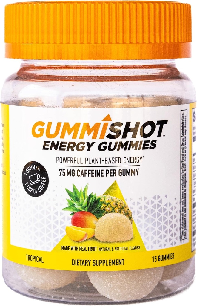 GummiShot Energy Gummys,每瓶1125毫克植物用咖啡因,长期能源促进剂,热带(15克)