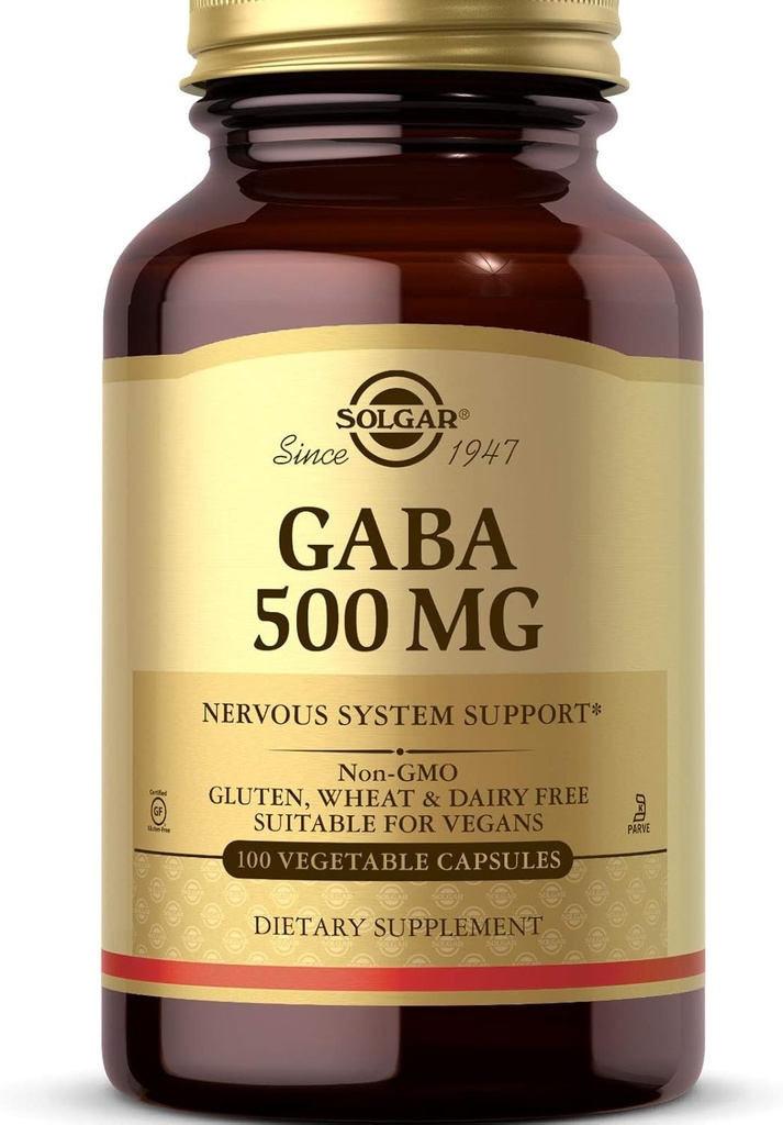 Solgar GABA 500 mg, 100 蔬菜瓶盖 - 放松和神经系统支持 - 氨基酸 - 非GMO, Vegan, Gluten Free, 奶制品 Free, Kosher - 100 服务
