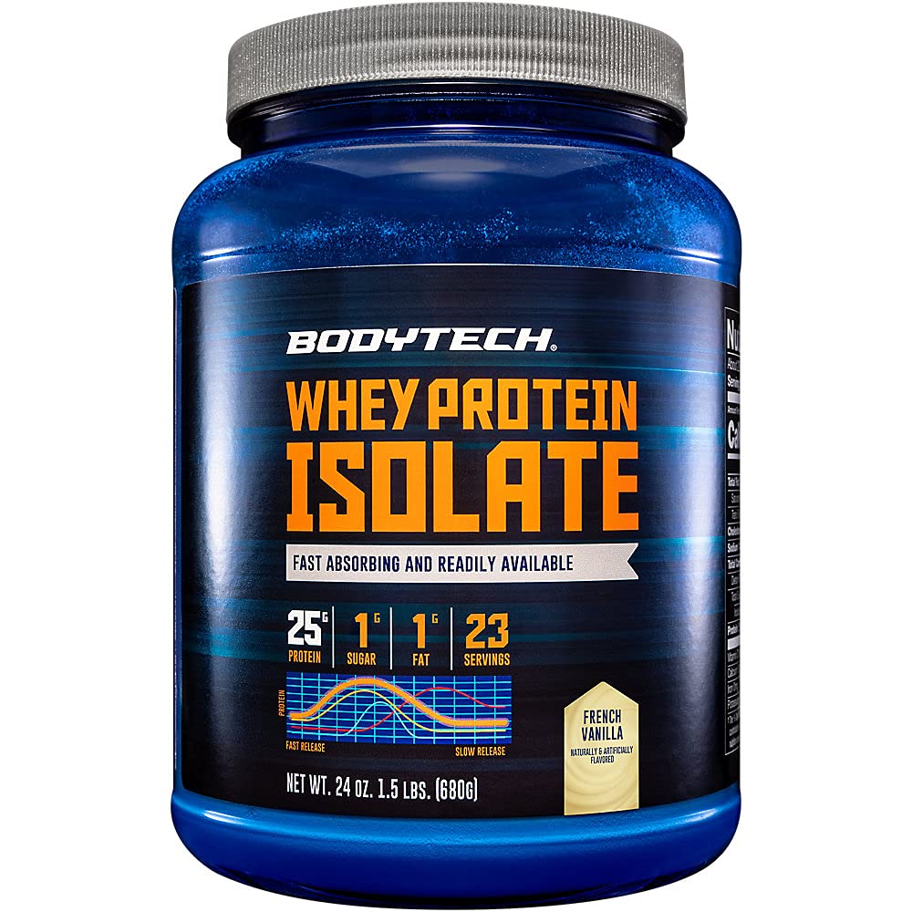 BodyTech Whei蛋白蛋白孤立粉,法国香草香草,每服25g蛋白,高浓度蛋白粉,含氨基酸和BCAAs供男女使用,Gluten Free,1.5磅,23枚