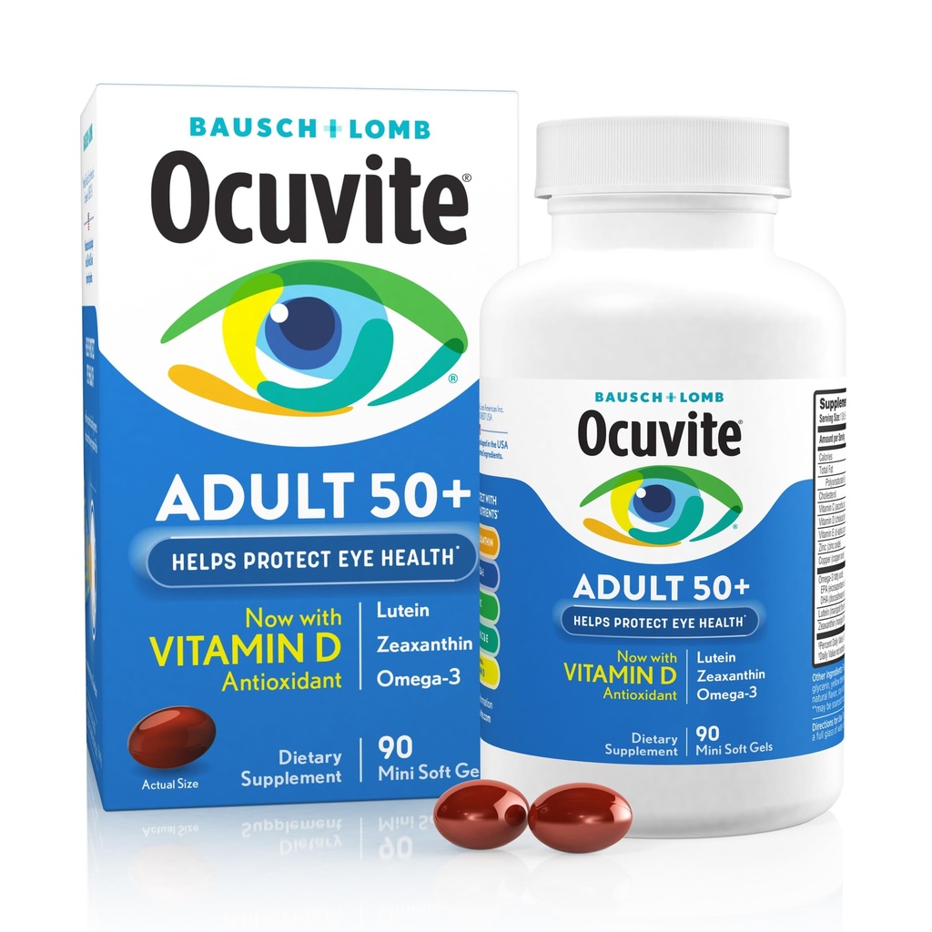 Ocuvite 50+ 眼维生素和矿物补充剂,与Omega-3, Zinc, Vitamins C & E, Lutein & Zeaxanthin, 男女锌补充剂, 90软胶