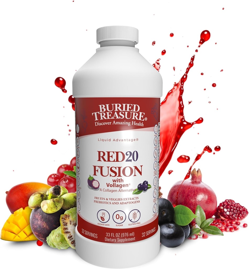埋藏宝藏 红20融合超级食品 混合剂 — Acai, Beets, Blueberry, Fiber, Adapgens, Lutein, Vegan Vollagen, Natural Energy, Digestion, Eye Health and Wellness Support, 32oz 液体