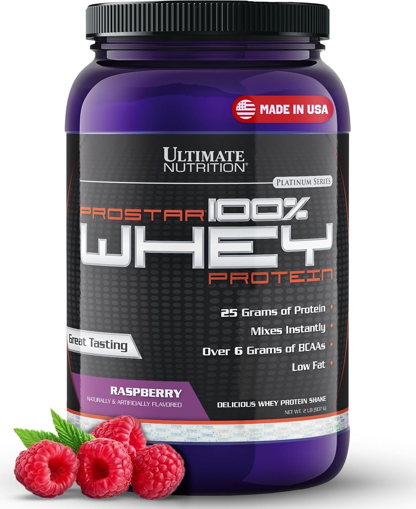 终极营养 Prostar Whei蛋白蛋白粉溶液,Raspberry - 低碳化物,高蛋白粉摇摆促进肌肉增益和复苏 - 低钠,低脂肪和Keto友好 - 2磅Tub
