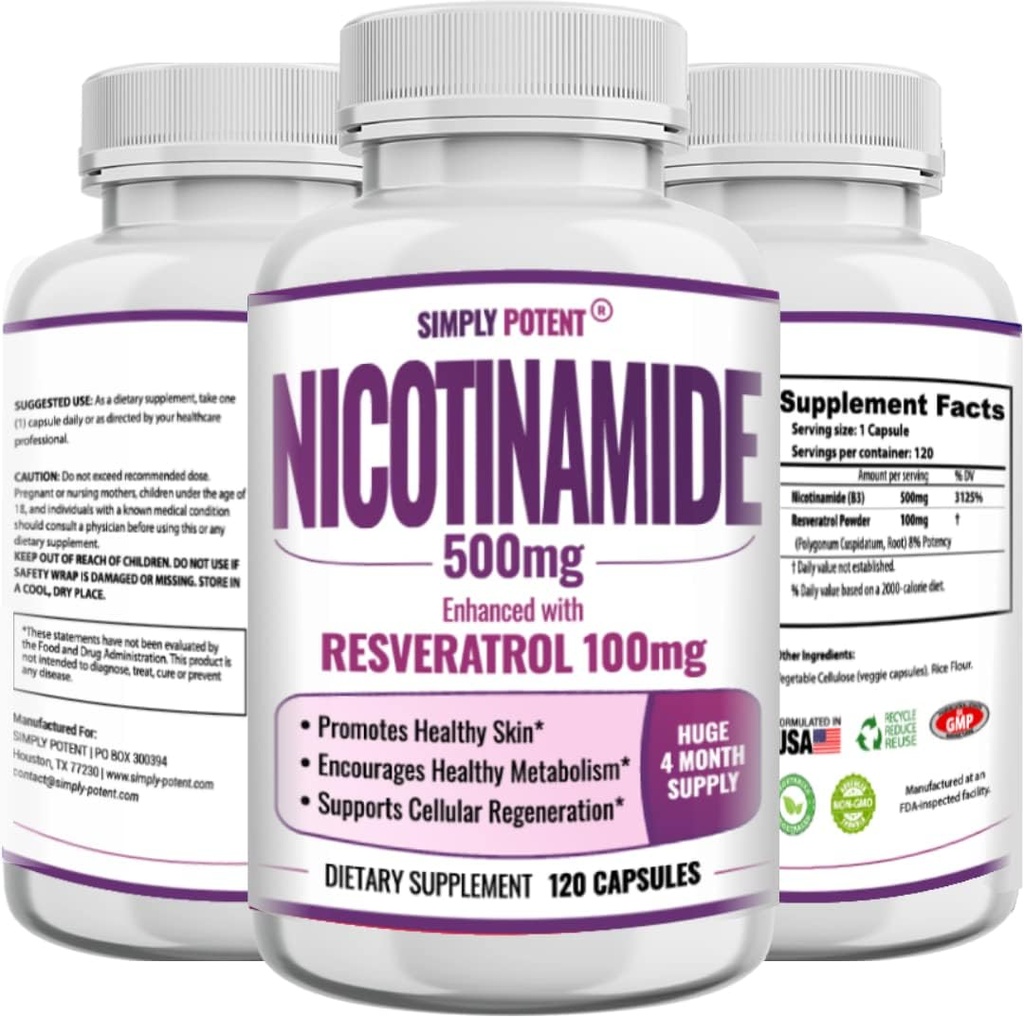 Nicotinamide 500mg 配有 Resveratrol 100mg - 120 Veggie Capsules - 维生素 B3 辅助药 支持NAD,皮肤细胞健康与能源