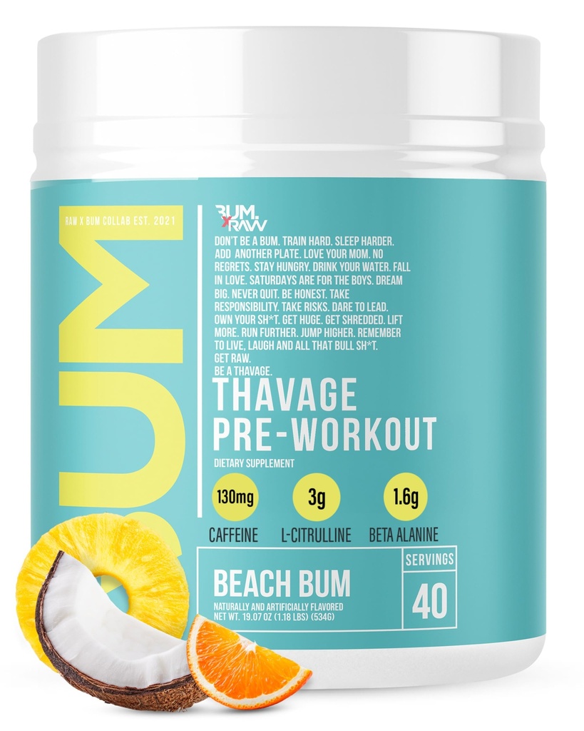RAW Pre Workout Powder, Thavage (Beach Bum) - Chris Bumstead Sports Nutrition Supplement for Men & Women - Cbum Pre Workout for Working Out, Hydration, Mental Focus & Energy - 40 Servings