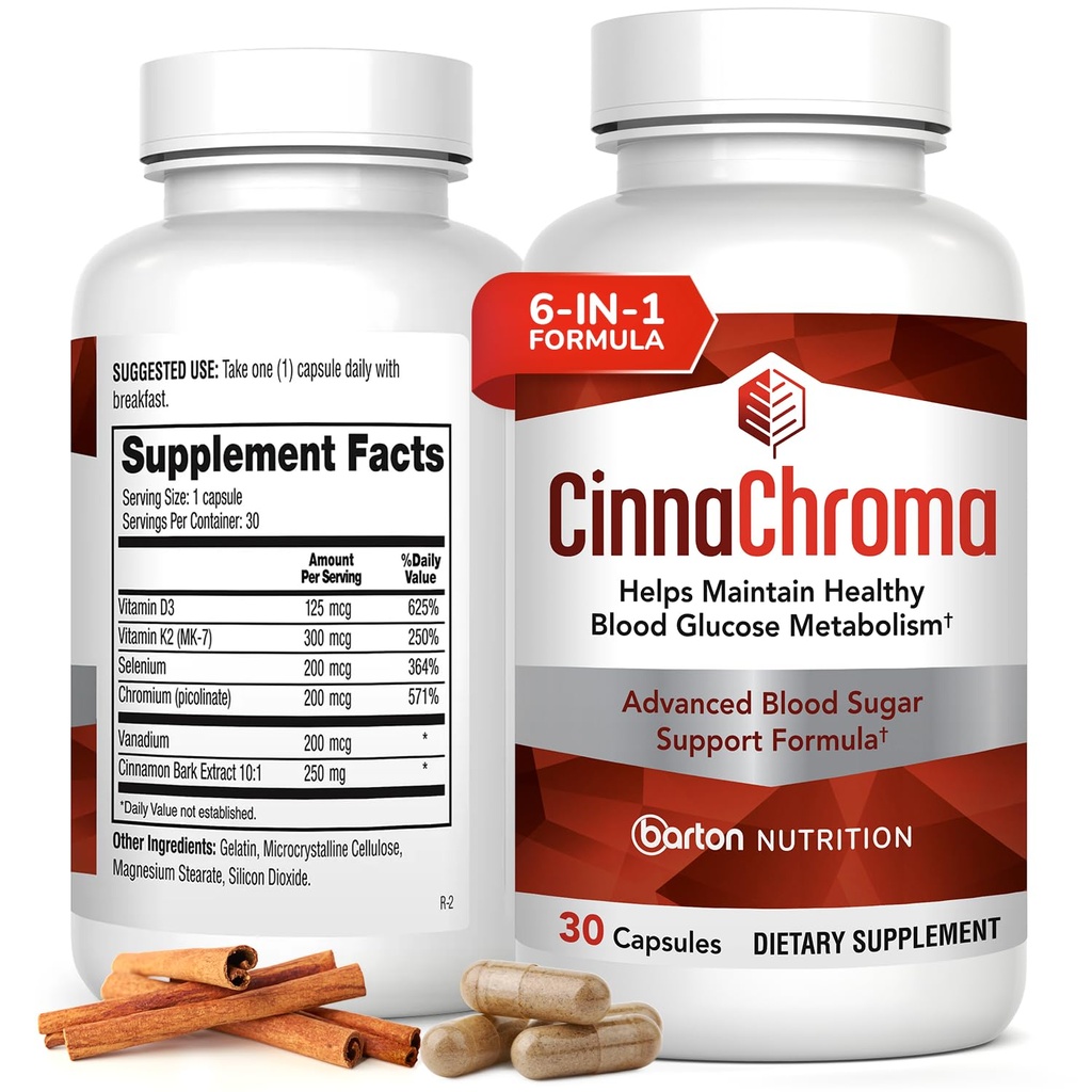 CinnaChroma Capsules - 含10:1 提取物,铬,Vanadium,硒,维生素D3 & K2 - 天然糖块 - 30 Capsules, 1个月供应量