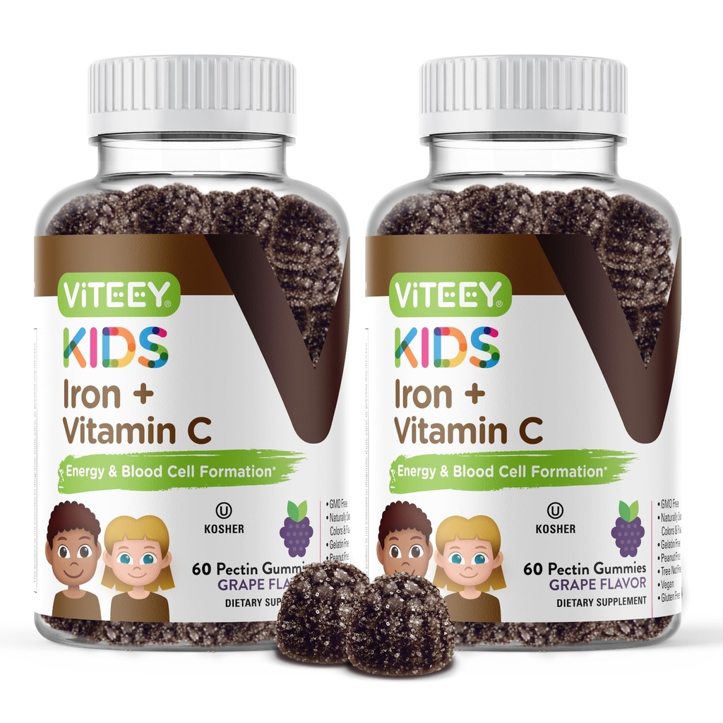 VITEEY 为有维生素C的孩子提供铁 - 支持能量,血细胞配制,造血者 贫血儿童铁辅料 - Vegan, Gelatin Free, Gluten Free - 美味的可切食葡萄 Flavored Gummy