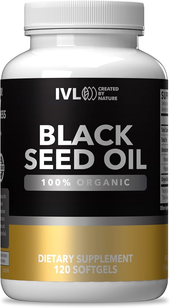 IVL - 有机黑种子油 - 120 Softgel Capsules - (每服1000毫克) - 纯冷压 Nigella Sativa种子油 - Omega 3 6 9,抗氧化剂,Thymoquinone - 黑种子油液 Capsules