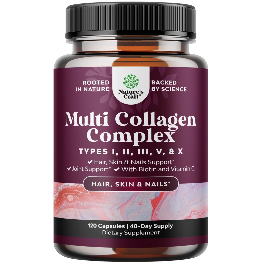 Advanced Multi Collagen Peptides Pills 120ct - Biotin and Collagen Supplement with BioPerine and Hair Skin Nails Vitamins for Women Men - Multi Pills for Women with Types 1 2 3 5 & X