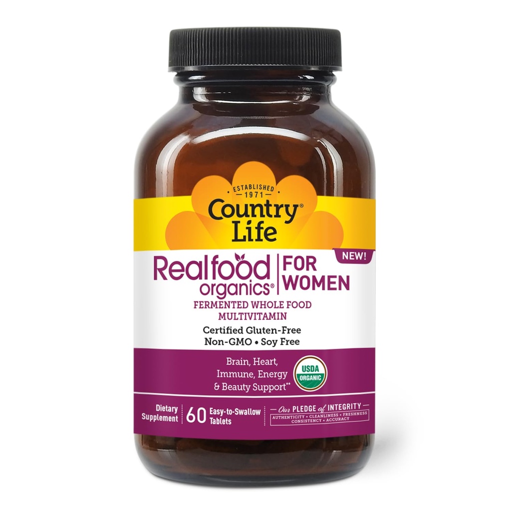 乡村生活 现实食品 女性的多维特敏 – USDA Official, Vegan, Gluten-Free – 1300mg 发酵全食品,维生素 D, E, B, Folate & Biotin – 每日能源与美食 – 60平板