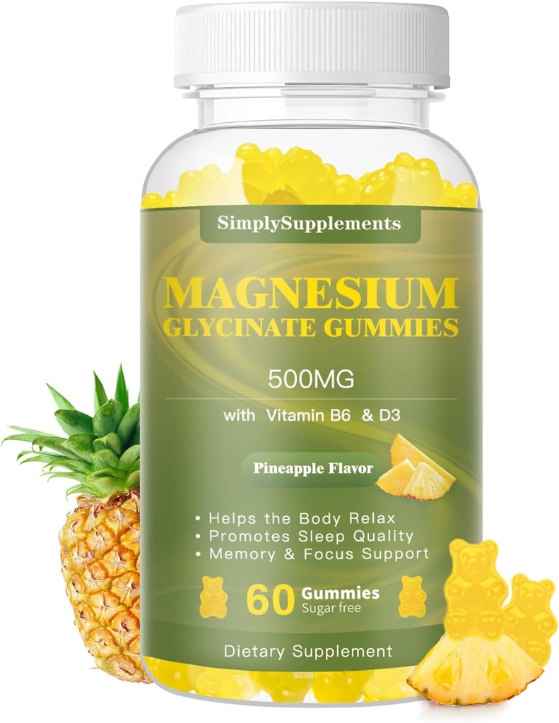 甘油镁(Glycnate Gummys 500mg),配有维生素D3,B6,CoQ10的可嚼镁补充剂,用于放松,睡眠和泥浆支持,Calm Magnesium Gummy - 60 Pineapple Gummys